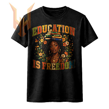 A beautiful vintage floral illustration of an Afrocentric woman balancing books on her head, featuring the empowering quote for this education is freedom png design.