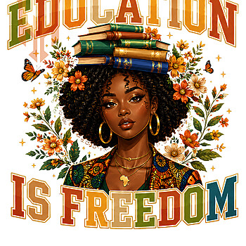 A beautiful vintage floral illustration of an Afrocentric woman balancing books on her head, featuring the empowering quote for this education is freedom png design.