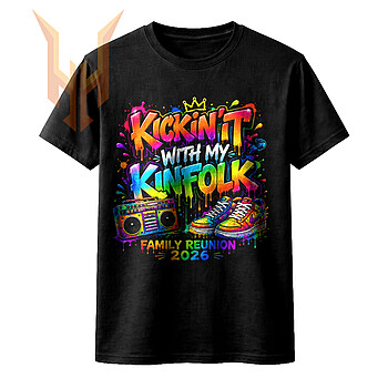A vibrant 90s retro graffiti family reunion 2026 png design featuring a colorful boombox, fresh sneakers, and neon paint splatters on a black background.