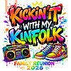 A vibrant 90s retro graffiti family reunion 2026 png design featuring a colorful boombox, fresh sneakers, and neon paint splatters on a black background.