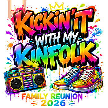 A vibrant 90s retro graffiti family reunion 2026 png design featuring a colorful boombox, fresh sneakers, and neon paint splatters on a black background.