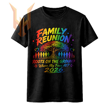 A vibrant family reunion tree png featuring a colorful rainbow tree, silhouettes of family members holding hands, and bold text on a black background.
