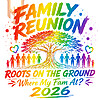 A vibrant family reunion tree png featuring a colorful rainbow tree, silhouettes of family members holding hands, and bold text on a black background.