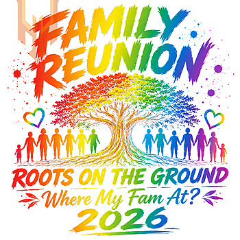 A vibrant family reunion tree png featuring a colorful rainbow tree, silhouettes of family members holding hands, and bold text on a black background.