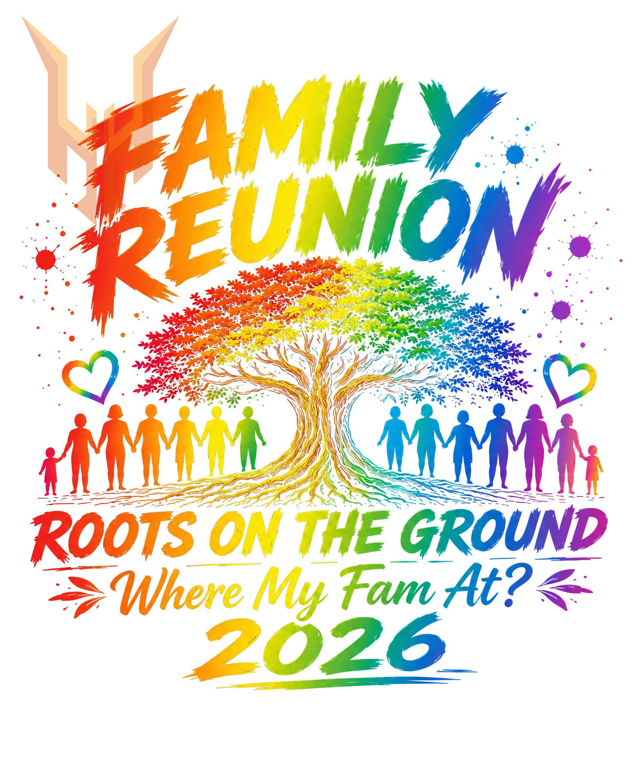 A vibrant family reunion tree png featuring a colorful rainbow tree, silhouettes of family members holding hands, and bold text on a black background.