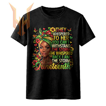 A vibrant illustration of a resilient African American lady with a floral headwrap and butterflies, featuring an empowering quote for this i am the storm juneteenth png design.