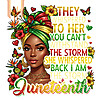 A vibrant illustration of a resilient African American lady with a floral headwrap and butterflies, featuring an empowering quote for this i am the storm juneteenth png design.