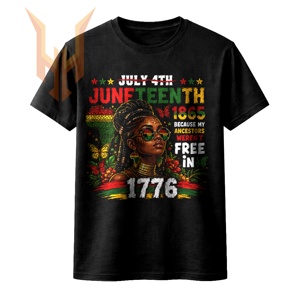 A vibrant, grunge-style Afrocentric illustration of a black woman wearing Pan-African sunglasses surrounded by butterflies, perfect for your juneteenth 1865 ancestors png projects honoring true freedom.