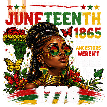A vibrant, grunge-style Afrocentric illustration of a black woman wearing Pan-African sunglasses surrounded by butterflies, perfect for your juneteenth 1865 ancestors png projects honoring true freedom.