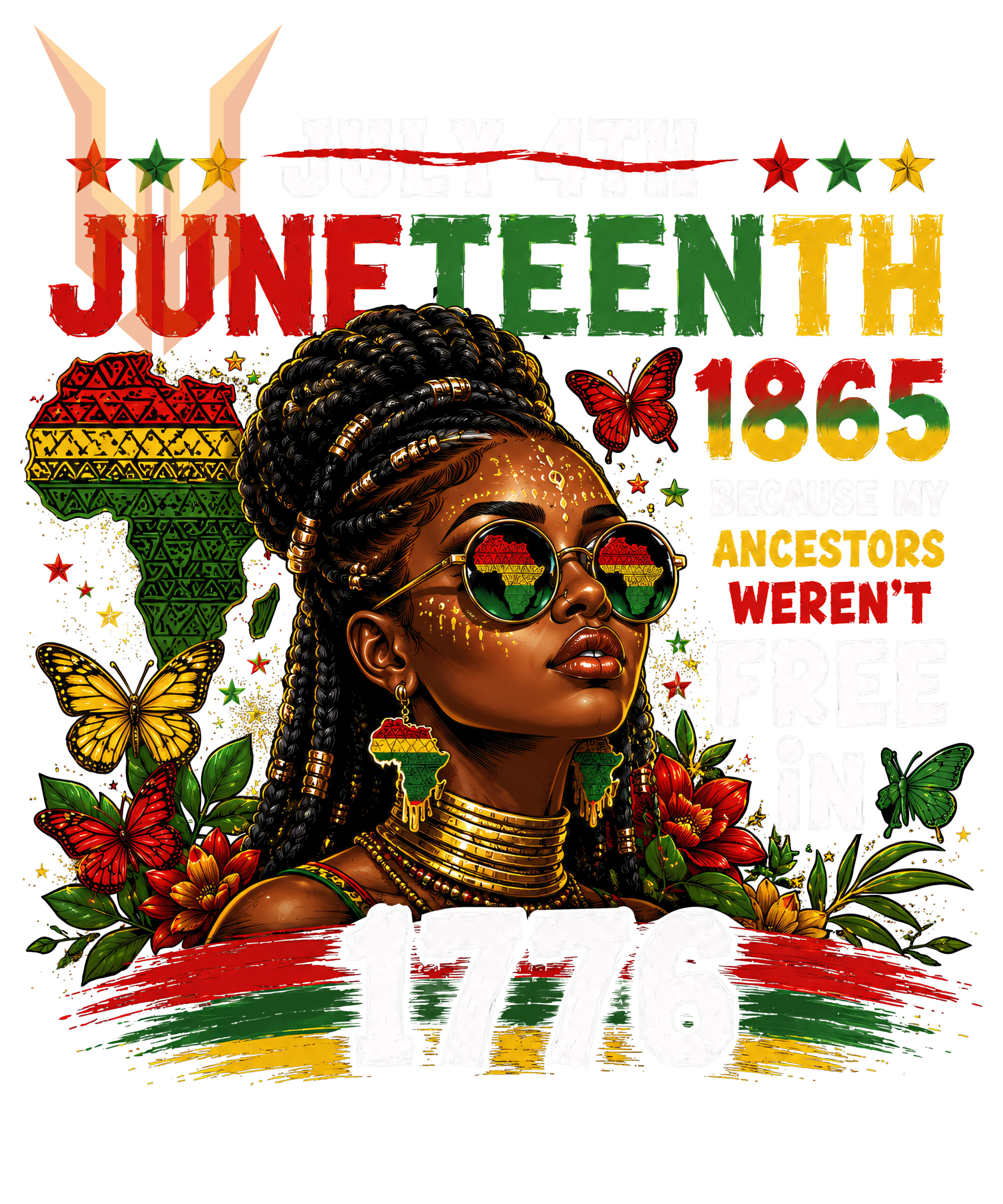 A vibrant, grunge-style Afrocentric illustration of a black woman wearing Pan-African sunglasses surrounded by butterflies, perfect for your juneteenth 1865 ancestors png projects honoring true freedom.