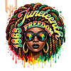A vibrant urban drip art portrait of a Black woman wearing Africa-reflected sunglasses in this flawless juneteenth 1865 freedom png design.