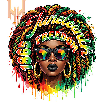 A vibrant urban drip art portrait of a Black woman wearing Africa-reflected sunglasses in this flawless juneteenth 1865 freedom png design.