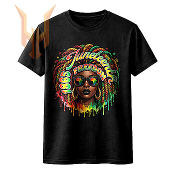 A vibrant urban drip art portrait of a Black woman wearing Africa-reflected sunglasses in this flawless juneteenth 1865 freedom png design.