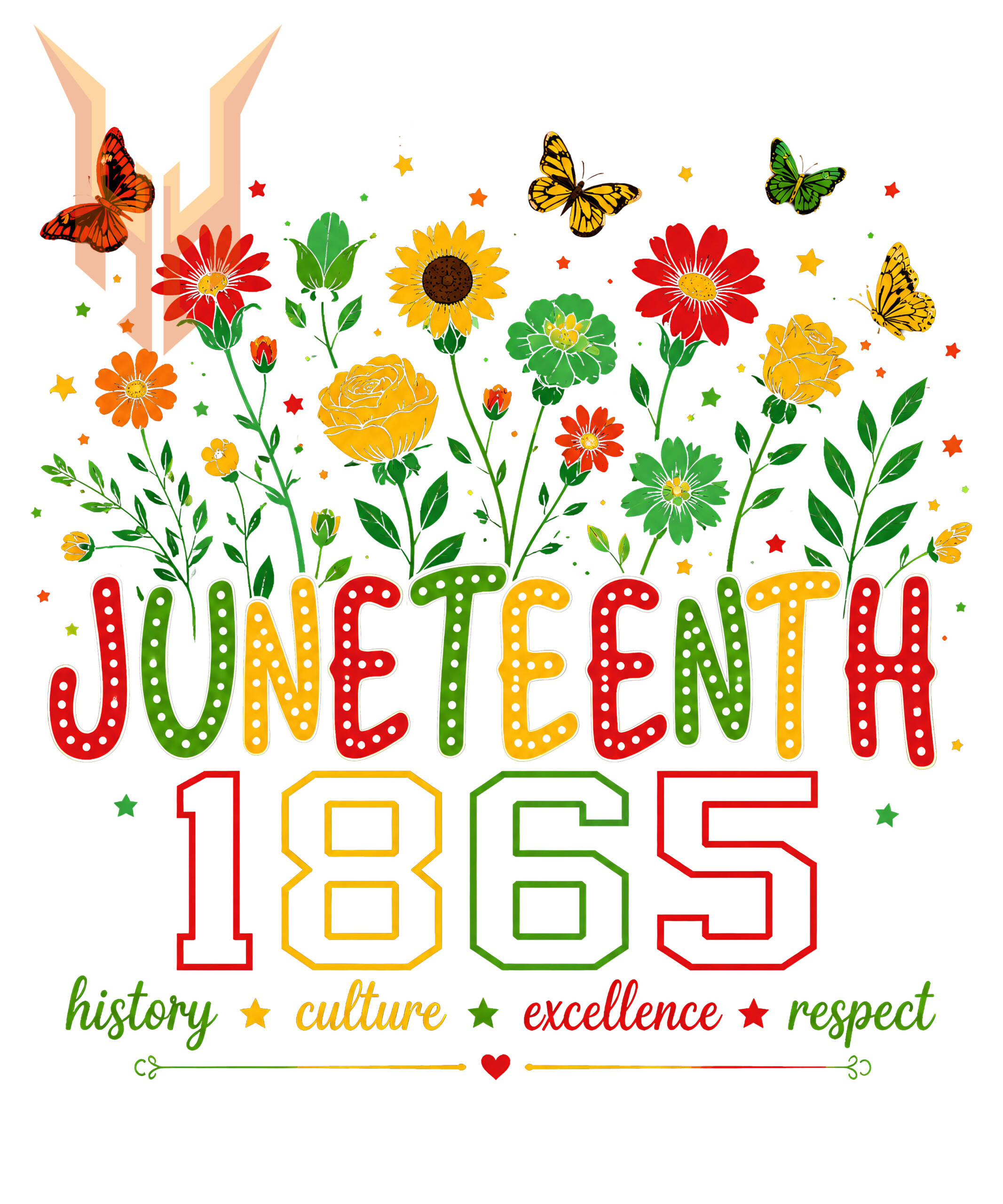 A colorful floral design with bold text for the ultimate juneteenth 1865 png download, perfect for shirts and festive apparel.
