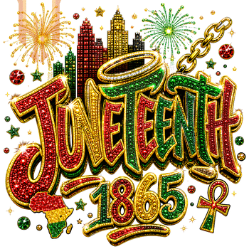 A luxurious sparkling design with fireworks and skyline for the ultimate juneteenth 1865 png download, ideal for commemorative apparel.