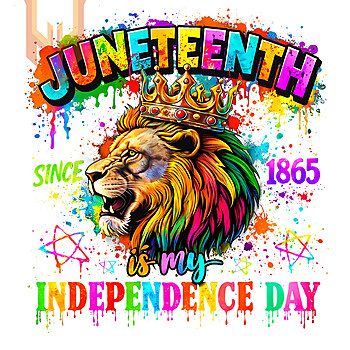 A stunning paint splatter graphic featuring a crowned king and continent map, making it the perfect juneteenth african lion png for POD.
