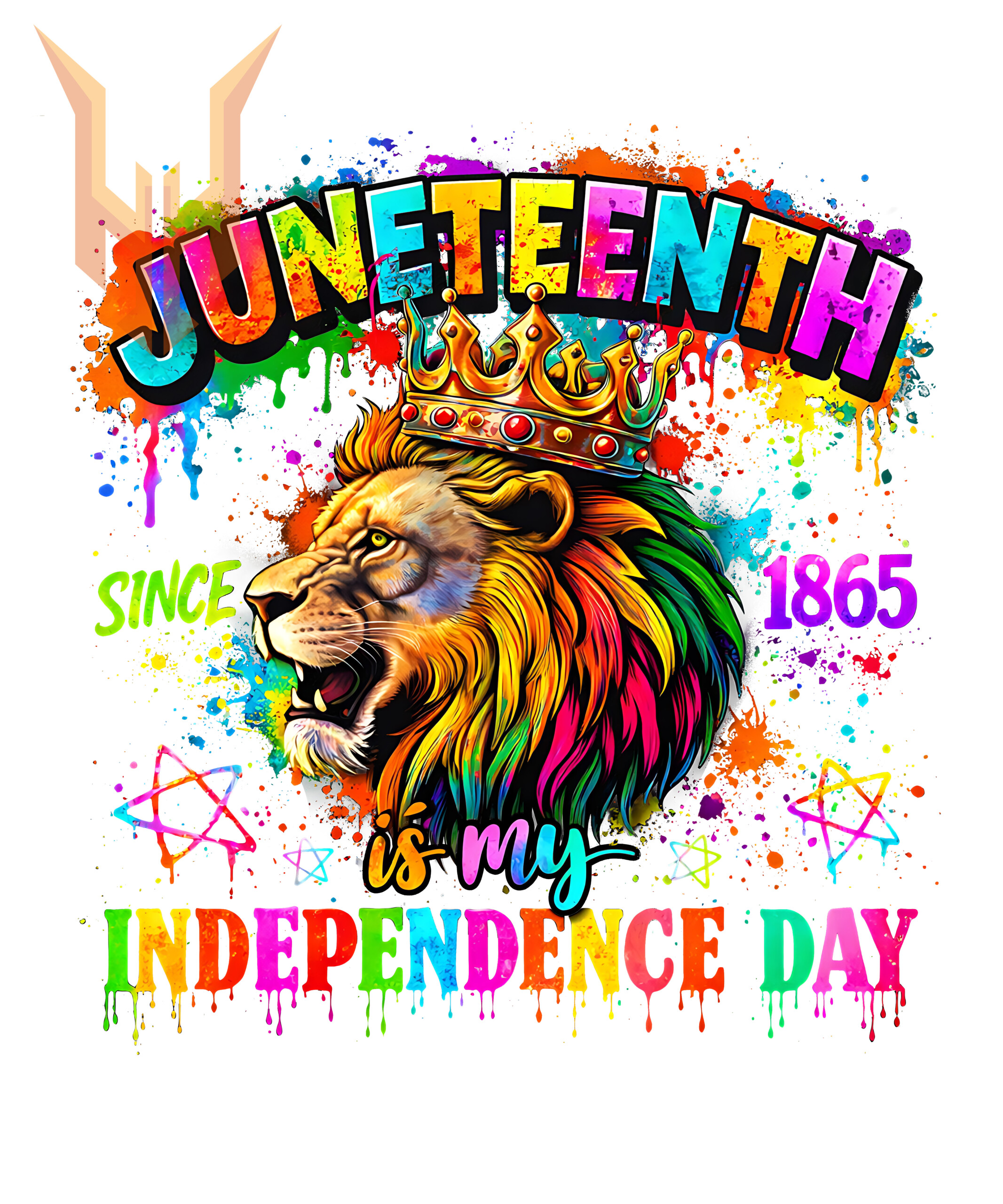 A stunning paint splatter graphic featuring a crowned king and continent map, making it the perfect juneteenth african lion png for POD.