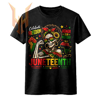 Powerful juneteenth afro skeleton png design showing a flexing skeleton with an afro and sunflower celebrating Black history.