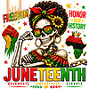 Powerful juneteenth afro skeleton png design showing a flexing skeleton with an afro and sunflower celebrating Black history.