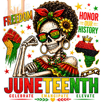 Powerful juneteenth afro skeleton png design showing a flexing skeleton with an afro and sunflower celebrating Black history.