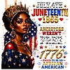 A regal African American woman wearing a jeweled crown and starry dress is featured in this juneteenth black queen png, celebrating 1865 freedom and ancestral heritage.