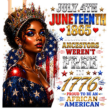 A regal African American woman wearing a jeweled crown and starry dress is featured in this juneteenth black queen png, celebrating 1865 freedom and ancestral heritage.