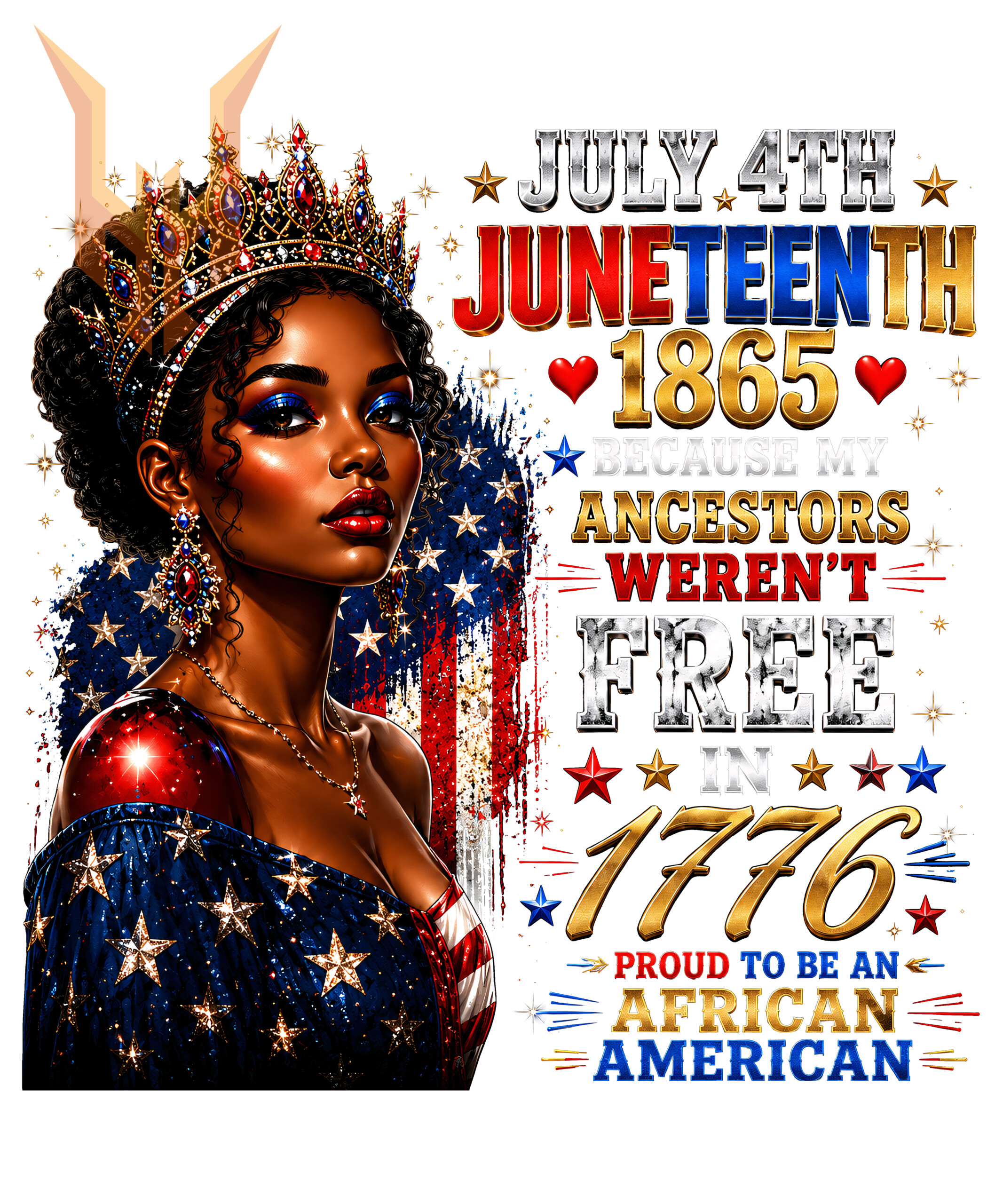 A regal African American woman wearing a jeweled crown and starry dress is featured in this juneteenth black queen png, celebrating 1865 freedom and ancestral heritage.