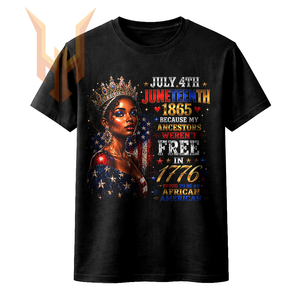 A regal African American woman wearing a jeweled crown and starry dress is featured in this juneteenth black queen png, celebrating 1865 freedom and ancestral heritage.