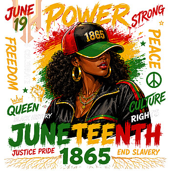 Vibrant juneteenth black queen png illustration celebrating 1865 freedom, strength, and African American cultural heritage.