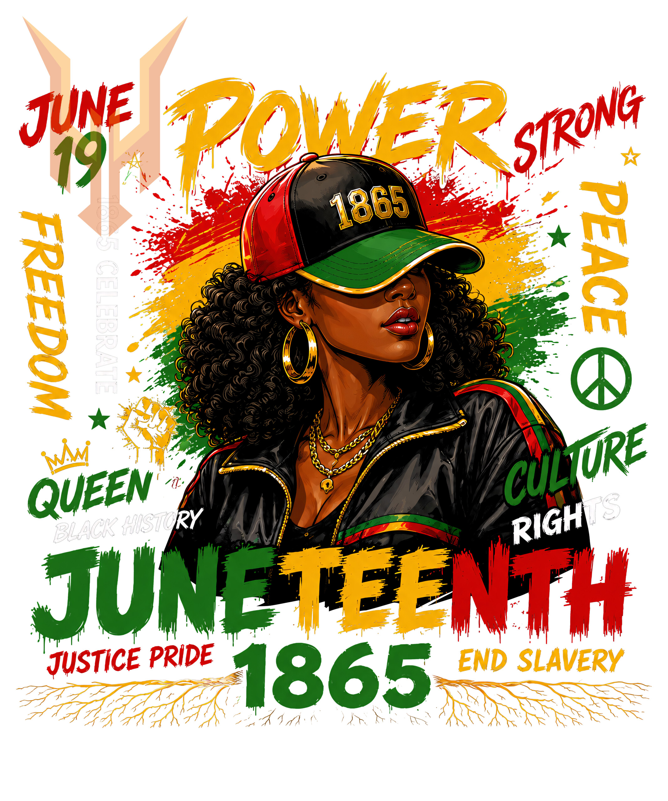 Vibrant juneteenth black queen png illustration celebrating 1865 freedom, strength, and African American cultural heritage.