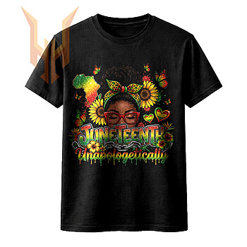 A vibrant juneteenth black woman png featuring an afro girl with sunflowers, broken chains, and unapologetic text in glittery Pan-African colors.