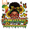 A vibrant juneteenth black woman png featuring an afro girl with sunflowers, broken chains, and unapologetic text in glittery Pan-African colors.