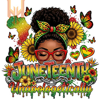A vibrant juneteenth black woman png featuring an afro girl with sunflowers, broken chains, and unapologetic text in glittery Pan-African colors.