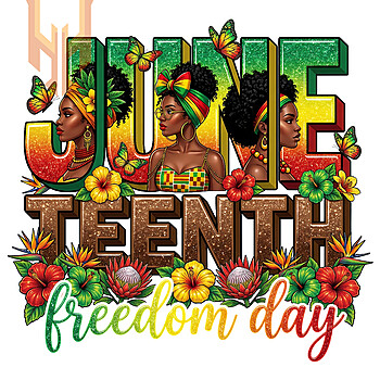 A stunning 3D graphic of three beautiful Black women surrounded by tropical flowers in this vibrant juneteenth freedom day png design.