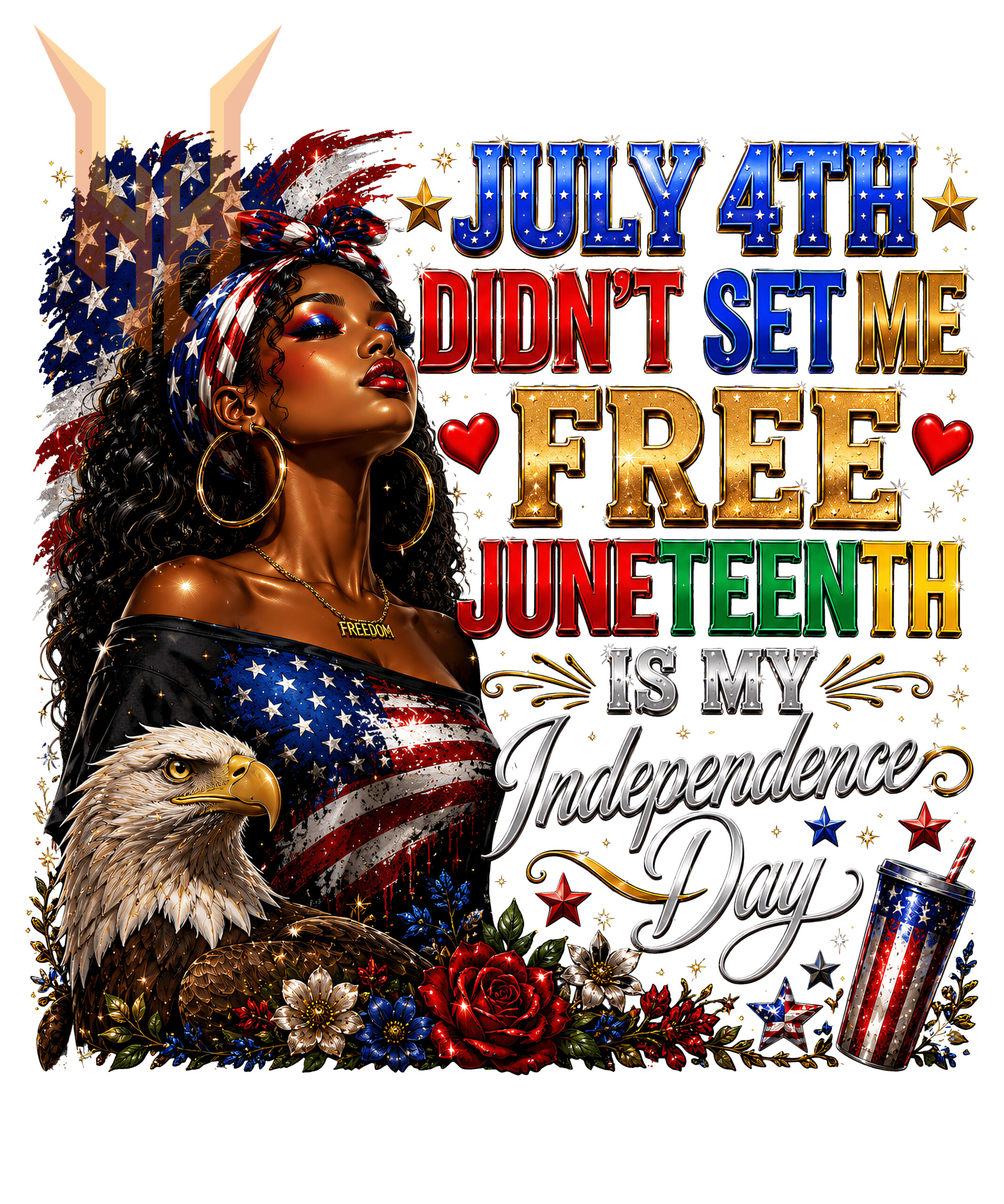 A proud African American woman and a majestic bald eagle are featured in this juneteenth independence day png, celebrating true freedom and heritage.
