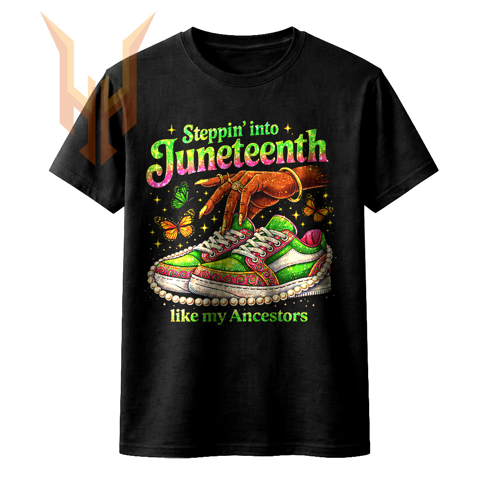 A vibrant urban graphic of glittery sneakers and elegant pearls with the empowering quote for this juneteenth like my ancestors png design.