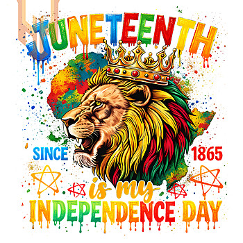 A vibrant paint splatter design featuring a crowned king lion and African continent map, representing the perfect juneteenth lion independence day png digital file for POD.