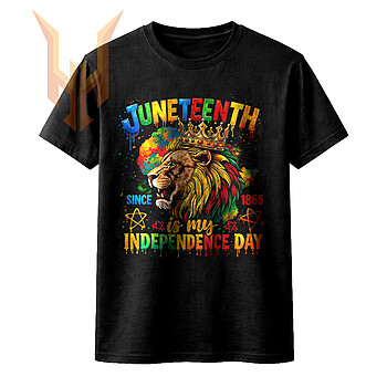 A vibrant paint splatter design featuring a crowned king lion and African continent map, representing the perfect juneteenth lion independence day png digital file for POD.