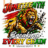 A powerful roaring juneteenth lion png design breaking black chains with a red, yellow, and green Pan-African background.