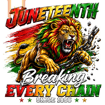 A powerful roaring juneteenth lion png design breaking black chains with a red, yellow, and green Pan-African background.