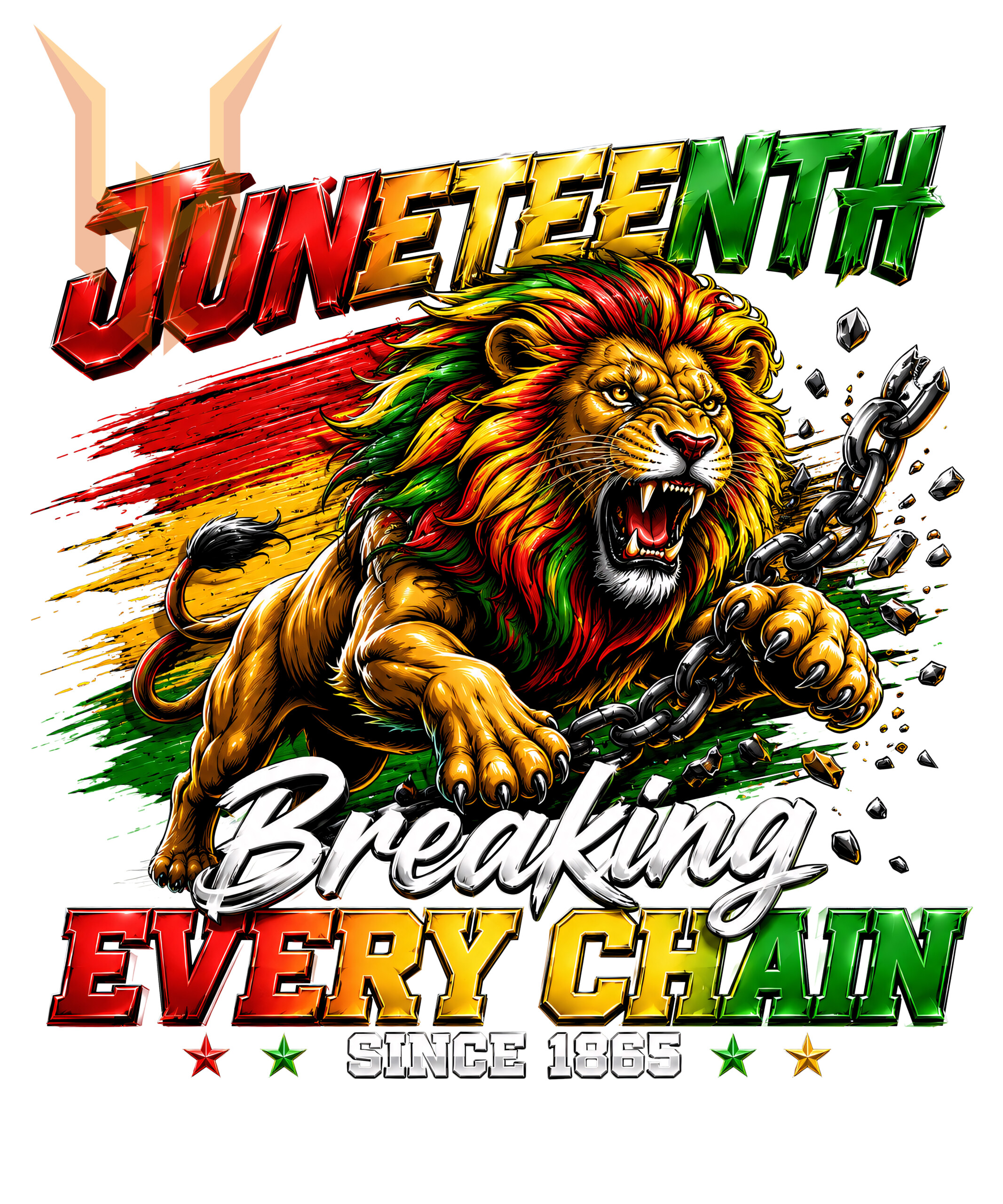A powerful roaring juneteenth lion png design breaking black chains with a red, yellow, and green Pan-African background.