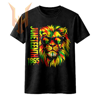 A bold, colorful portrait of a lion wearing sunglasses reflecting Africa for the ultimate juneteenth lion png digital download.