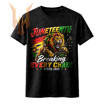 A powerful roaring juneteenth lion png design breaking black chains with a red, yellow, and green Pan-African background.