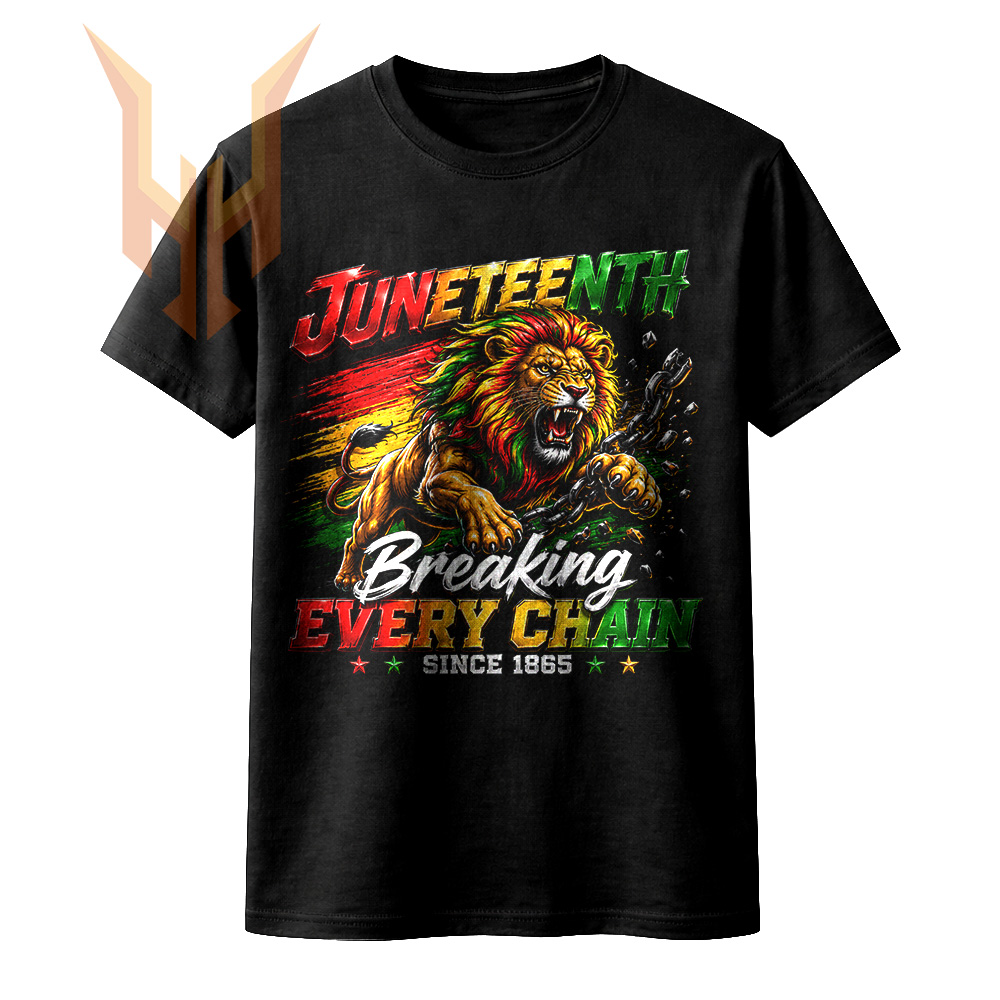 A powerful roaring juneteenth lion png design breaking black chains with a red, yellow, and green Pan-African background.