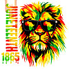 A bold, colorful portrait of a lion wearing sunglasses reflecting Africa for the ultimate juneteenth lion png digital download.