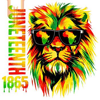 A bold, colorful portrait of a lion wearing sunglasses reflecting Africa for the ultimate juneteenth lion png digital download.