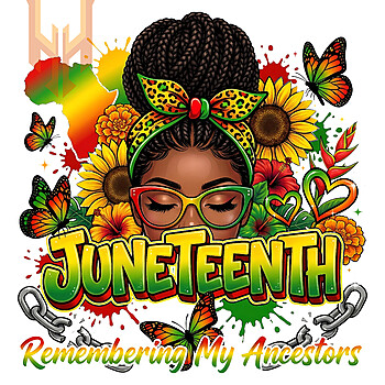 A beautiful Afrocentric woman with sunflowers and broken chains featured in this stunning juneteenth remembering ancestors png design.