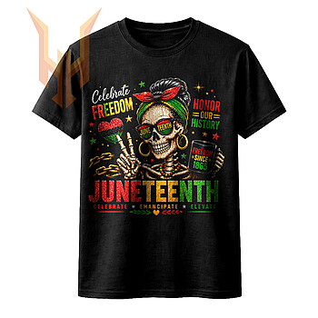 Edgy and vibrant juneteenth skull png showing a messy bun skeleton celebrating 1865 freedom with a peace sign and broken chains.