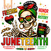 Edgy and vibrant juneteenth skull png showing a messy bun skeleton celebrating 1865 freedom with a peace sign and broken chains.