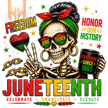 Edgy and vibrant juneteenth skull png showing a messy bun skeleton celebrating 1865 freedom with a peace sign and broken chains.